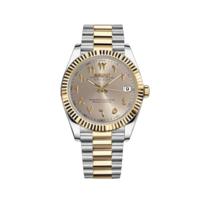 Two-tone Seiko Mod watch with silver and gold band on a white background
