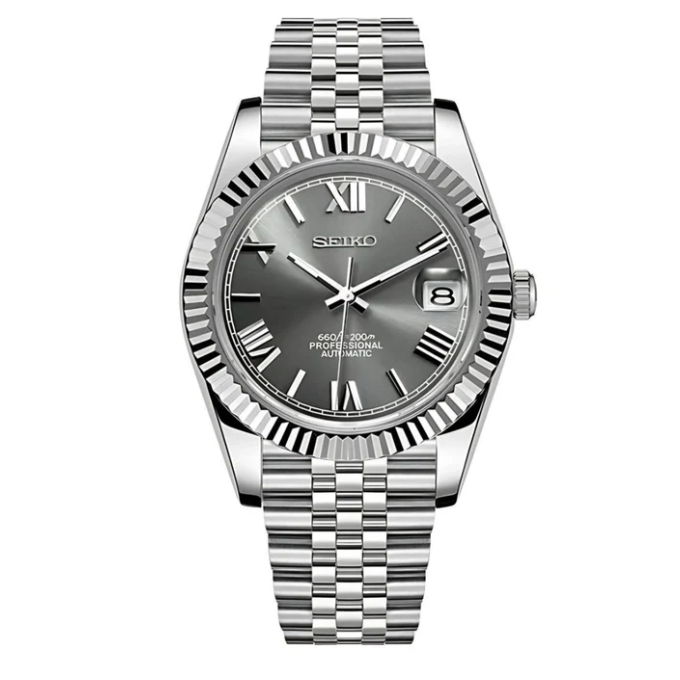 Seiko Mod watch with silver metal bracelet on a white background