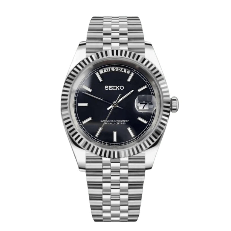 Seiko Mod watch with black dial and silver metal bracelet on a white background
