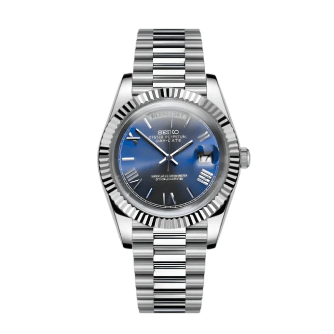 Silver Seiko Mod watch with blue face on a white background