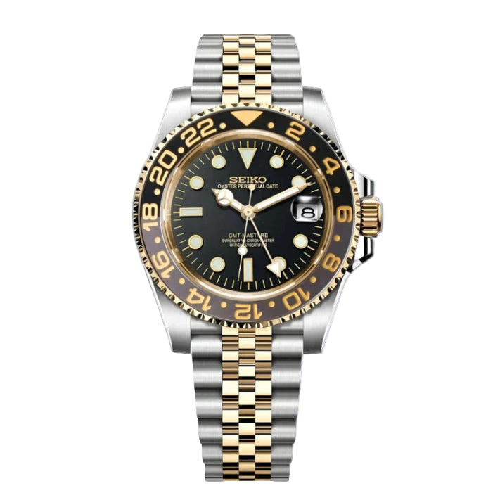 Seiko mod watch with two-tone metal strap on a white background
