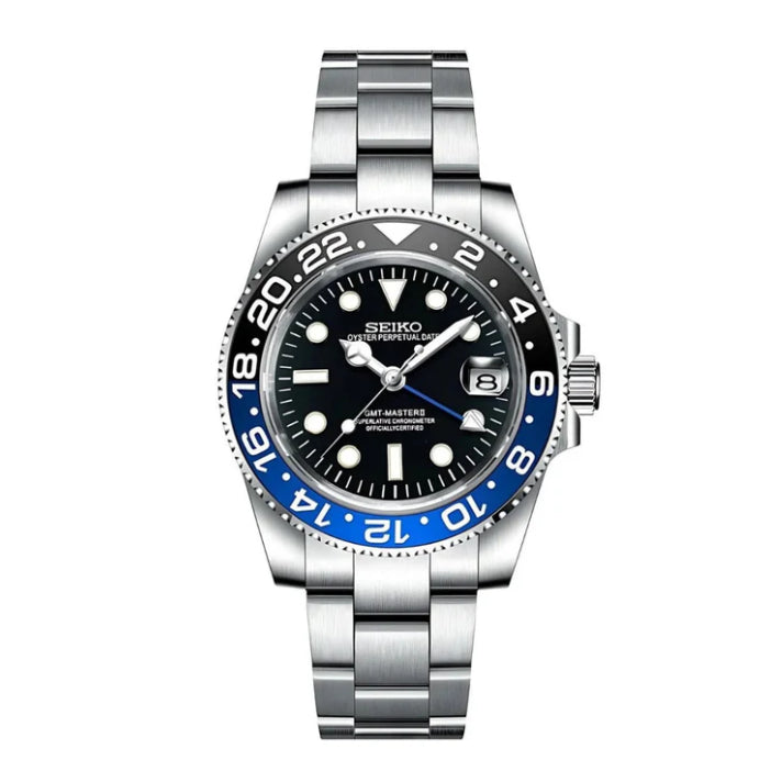 Seiko Mod watch with black face and blue bezel on a white background