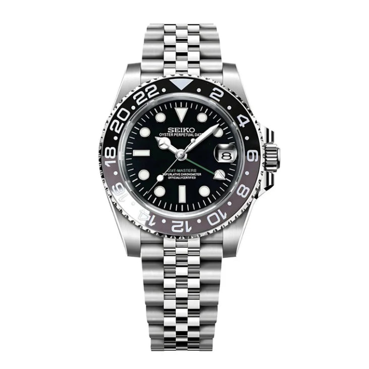 Seiko Mod watch with black dial and silver metal bracelet on a white background