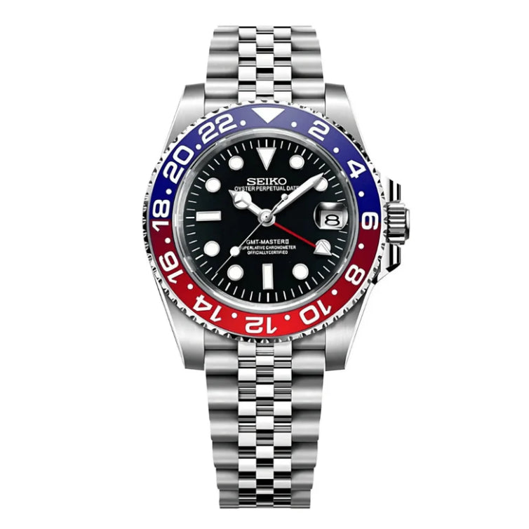 Seiko Mod watch with a silver bracelet and red and blue bezel on a white background