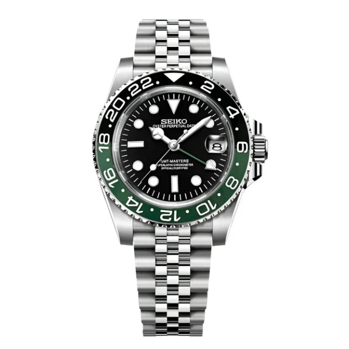 Seiko Mod watch with green bezel and silver bracelet on a white background