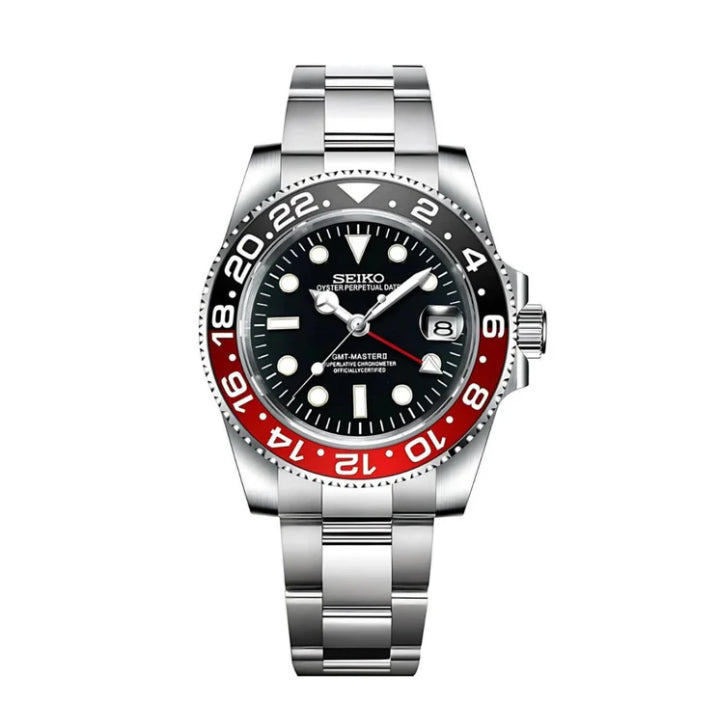 Seiko Mod watch with a silver case, black dial, and red bezel on a white background