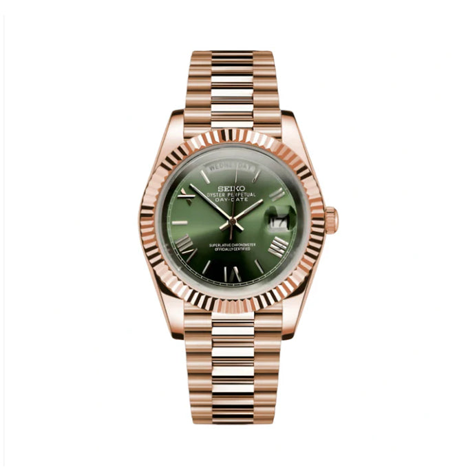 Rose gold Seiko Mod watch with green dial on a white background