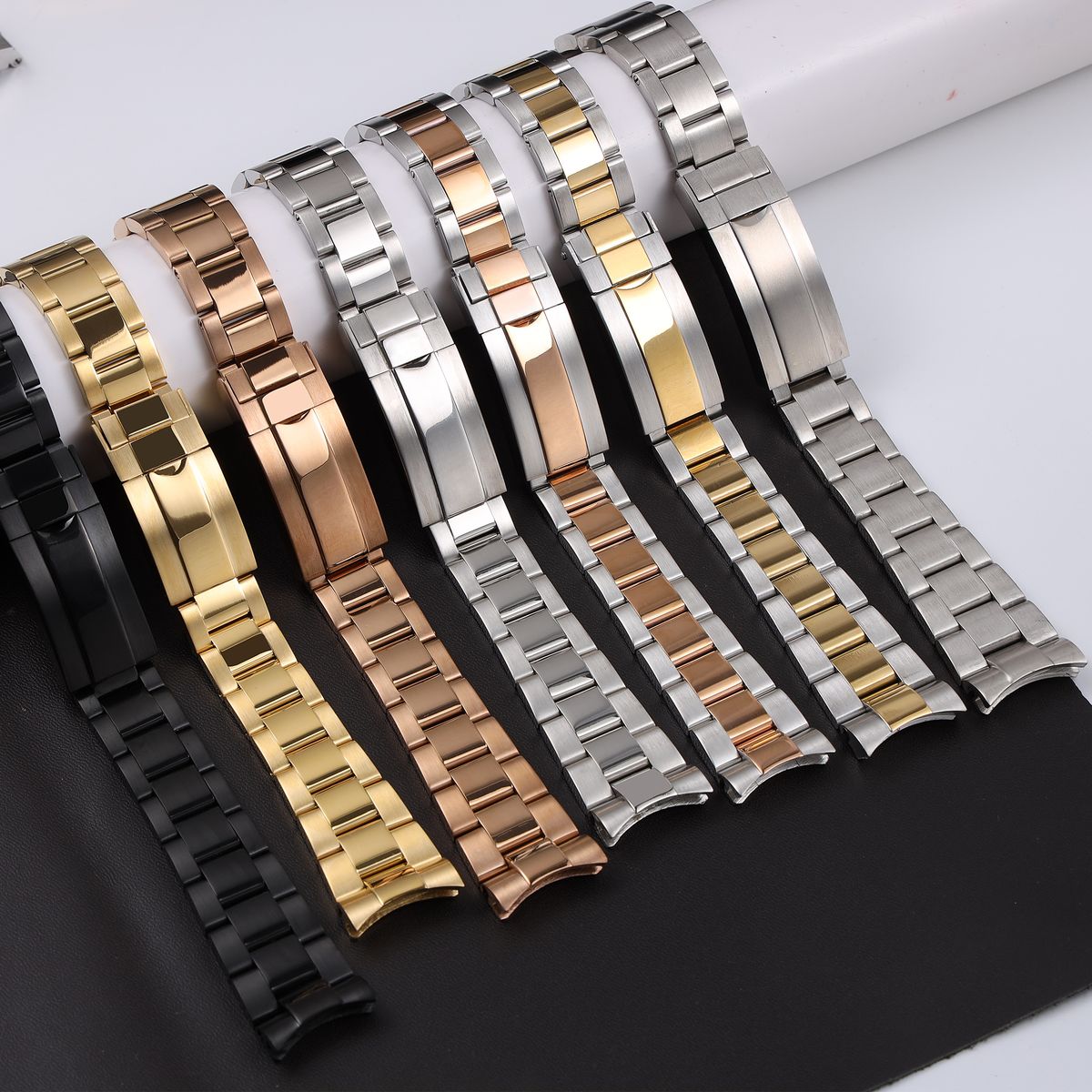 Set of metal watch bands in gold, rose gold, silver, and black for Seiko Mod