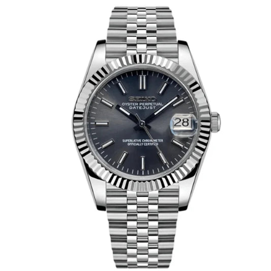 Silver Seiko Mod watch with a dark face on a white background