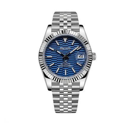 Seiko Mod watch with blue face and silver metal bracelet on white background