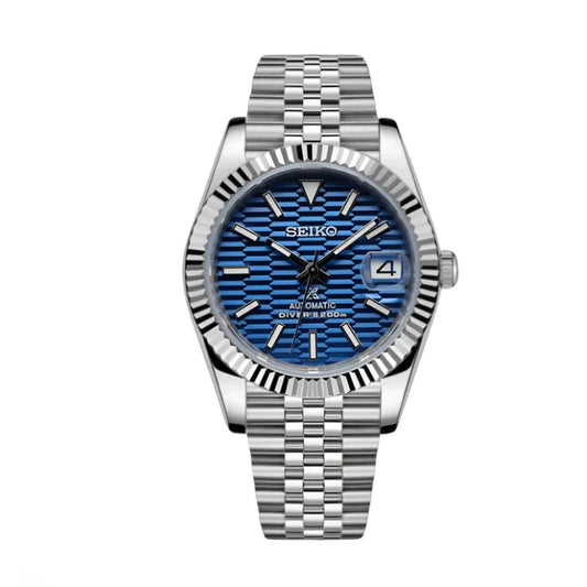 Seiko Mod watch with blue face and silver metal bracelet on white background