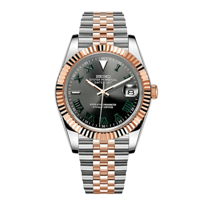 Seiko Mod watch with silver and rose gold band on white background