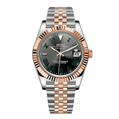 Seiko Mod watch with silver and rose gold band on white background