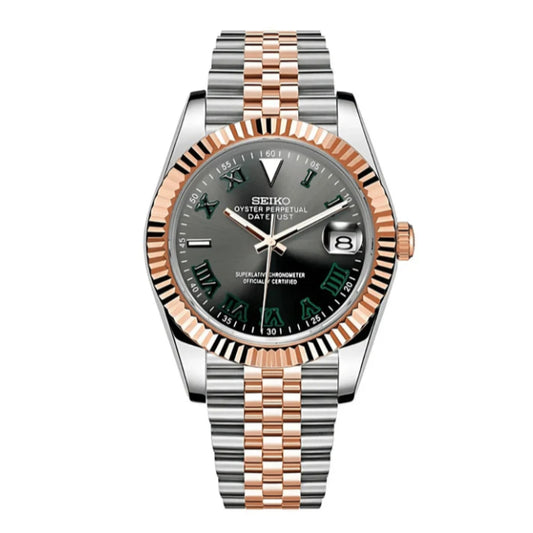 Seiko Mod watch with silver and rose gold band on white background