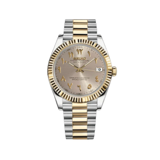 Two-tone Seiko Mod watch with silver and gold band on a white background