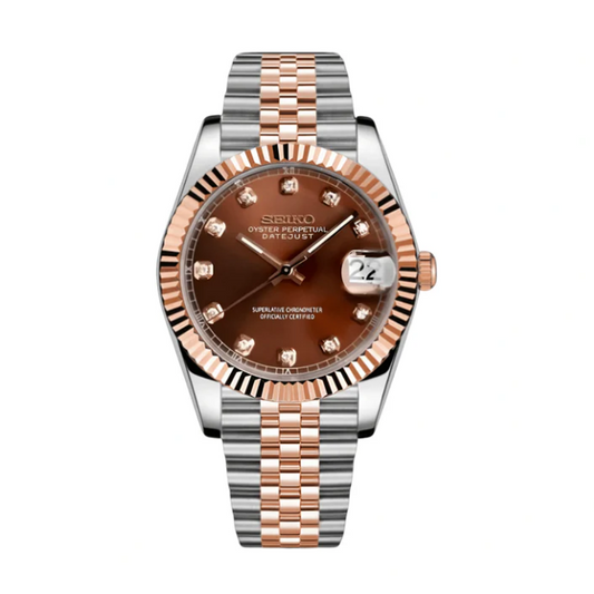 Seiko Mod watch with brown dial and rose gold accents on a white background