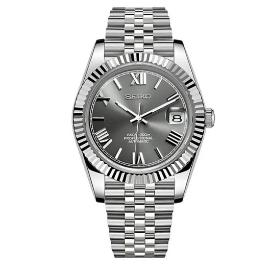 Seiko Mod watch with silver metal bracelet on a white background