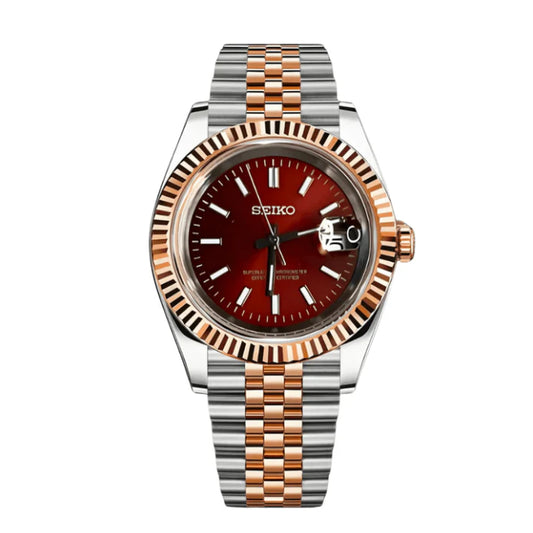 Seiko Mod watch with red dial and two-tone metal strap on white background