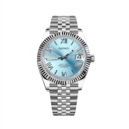 Seiko Mod watch with silver metal bracelet and blue face on a white background
