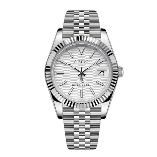 Silver Seiko Mod watch with a white face on a white background