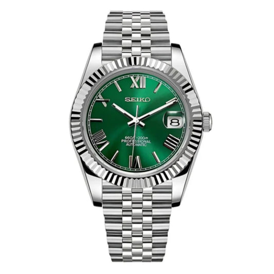 Seiko Mod watch with green face and silver metal bracelet on white background