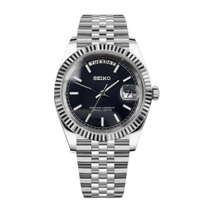 Seiko Mod watch with black dial and silver metal bracelet on a white background