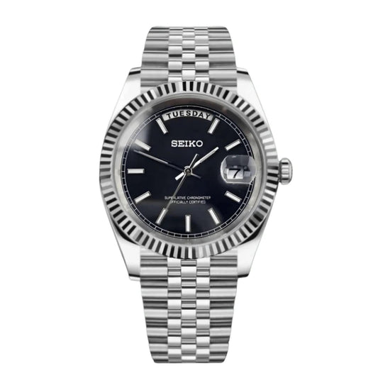 Seiko Mod watch with black dial and silver metal bracelet on a white background