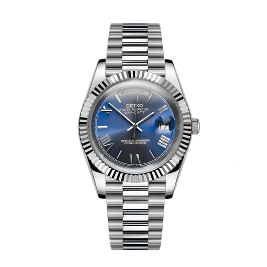 Silver Seiko Mod watch with blue face on a white background