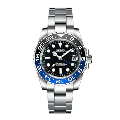Seiko Mod watch with black face and blue bezel on a white background