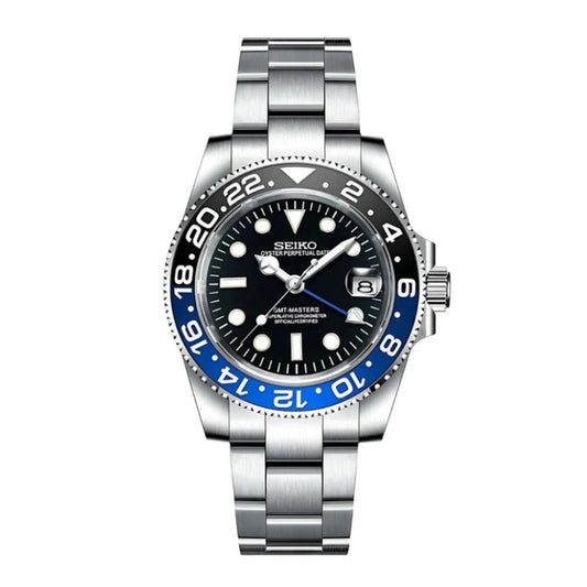 Seiko Mod watch with black face and blue bezel on a white background