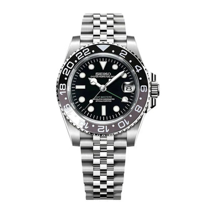 Seiko Mod watch with black dial and silver metal bracelet on a white background