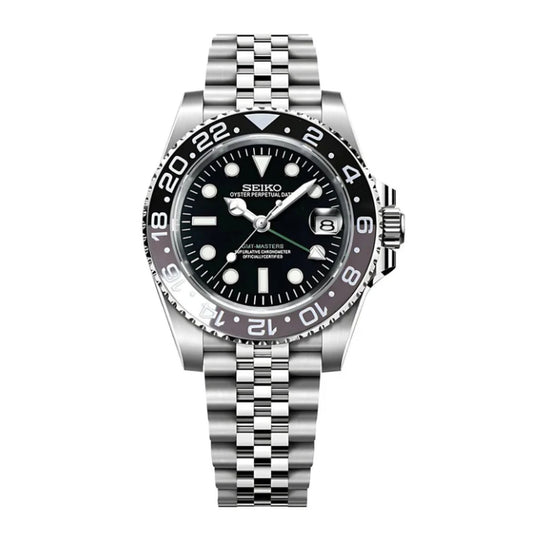 Seiko Mod watch with black dial and silver metal bracelet on a white background
