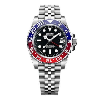 Seiko Mod watch with a silver bracelet and red and blue bezel on a white background