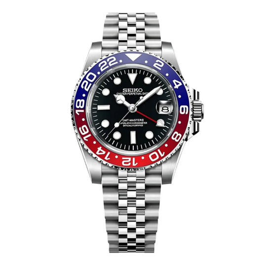 Seiko Mod watch with a silver bracelet and red and blue bezel on a white background