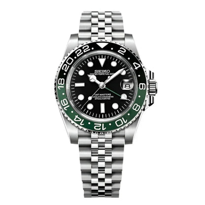 Seiko Mod watch with green bezel and silver bracelet on a white background