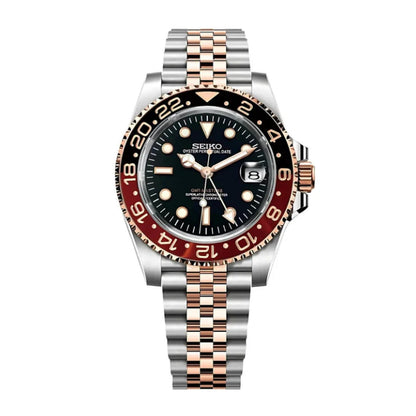 Seiko Mod watch with a two-tone metal bracelet on a white background