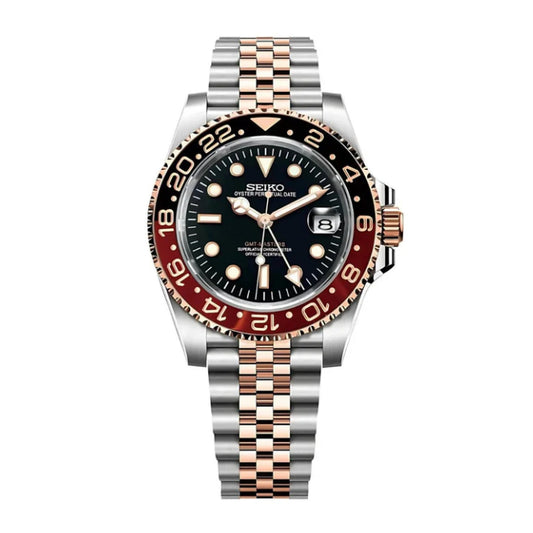 Seiko Mod watch with a two-tone metal bracelet on a white background