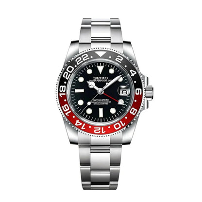 Seiko Mod watch with a silver case, black dial, and red bezel on a white background
