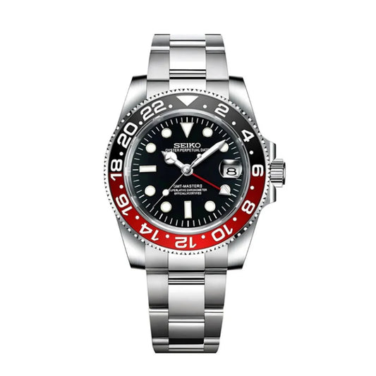 Seiko Mod watch with a silver case, black dial, and red bezel on a white background
