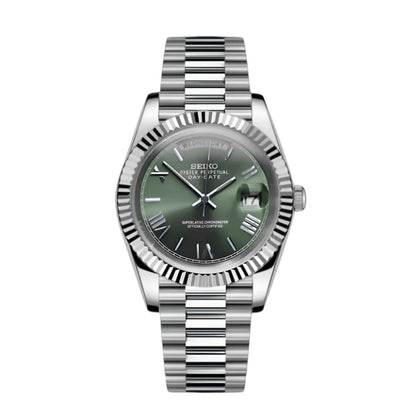 Silver Seiko Mod  watch with a green face on a white background