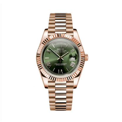 Rose gold Seiko Mod watch with green dial on a white background