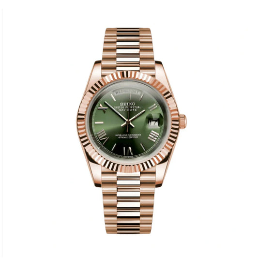 Rose gold Seiko Mod watch with green dial on a white background