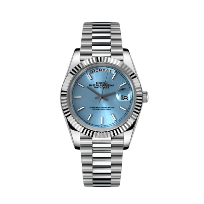 Silver Mod watch with a blue face on a white background