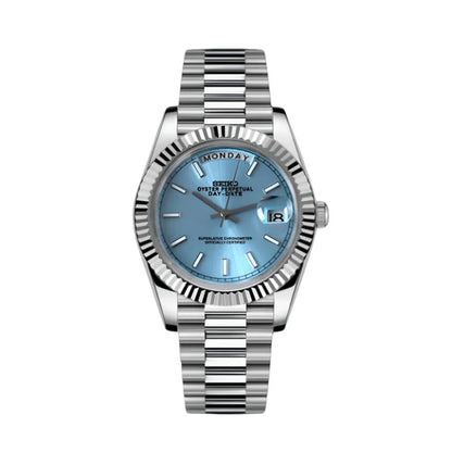 Silver Mod watch with a blue face on a white background