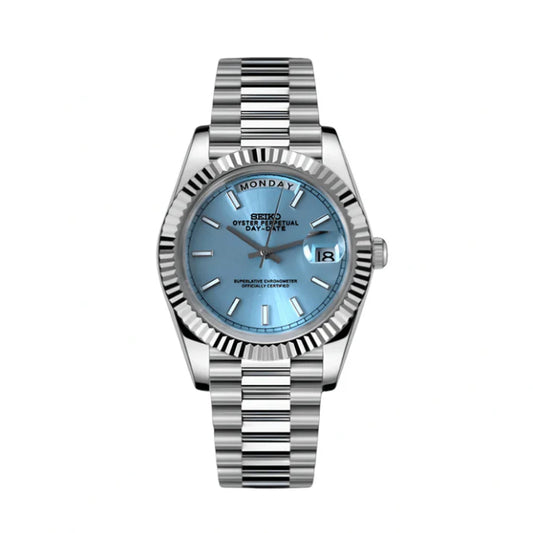 Silver Mod watch with a blue face on a white background